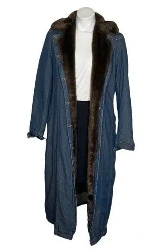 Newport News Denim Blue Jean Coat Brown Faux Fur Trim Quilted Lining Size 10 VTG