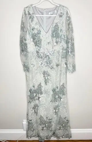 Mac Duggal 67539 Sea Mist Embellished Illusion V Neck Long Sleeve Gown 14 $698