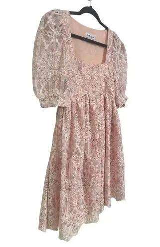 EN SAISON Floral Eyelet Lace Babydoll Short Sleeve Square Neck Dress EUC Small Pink