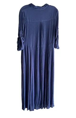 Woman Within Size 14W Blue Button-Front Maxi Dress Roll-Tab Sleeves