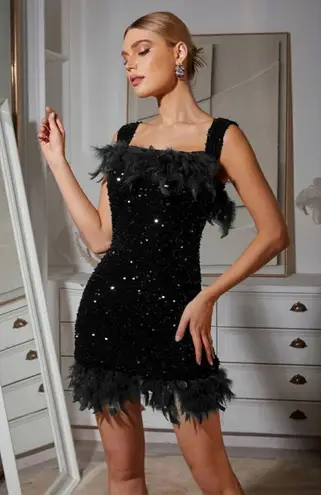 Off Shoulder Sequin Feather Mini Dress Flaxmaker NWOT Black Size M