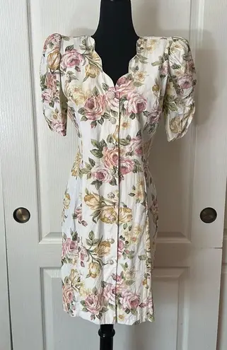 80s VINTAGE FLORAL DAINTY BUTTON UP DRESS PUFF SLEEVE Pink