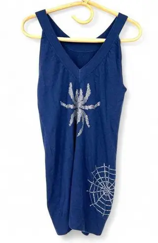 Amal Guessos | S |100% Cashmere Sleeveless Tank Top Knit Spider Web Bling Blue