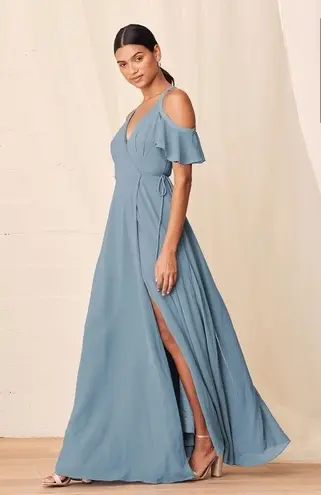 Lulus Lulu’s Easy Listening Slate Blue Cold-Shoulder Wrap Maxi Dress