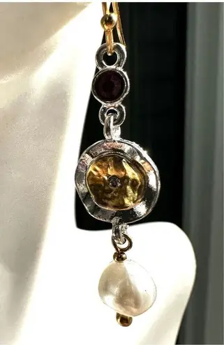 Faux pearl silver gold tone drop earrings