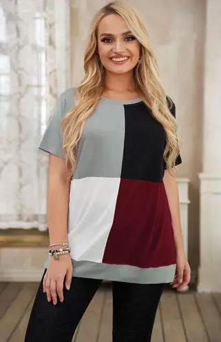 WINE RED WHITE GRAY BLACK CREW NECK COLOR BLOCK TOP SIZE 2X 18