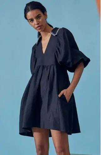 Hunter Bell Noah Black Poplin Collared V-Neck Puff Sleeve Mini Dress Small