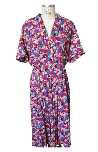 Vintage 70s Floral Midi Fit and Flare Dress Size Large Pink