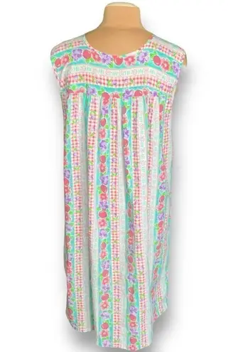 Vintage 80s Dress Colorful Fruit Floral Red Gingham Checkered Tropical Print Blue Size M