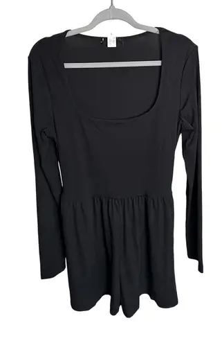Ribbed Knit Romper Long Sleeve Square Neck Casual Comfy Black Size M