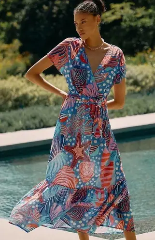 Farm Rio NWT V-Neck Printed Midi Wrap Dress in Ocean Life Tropical Sea Print XS