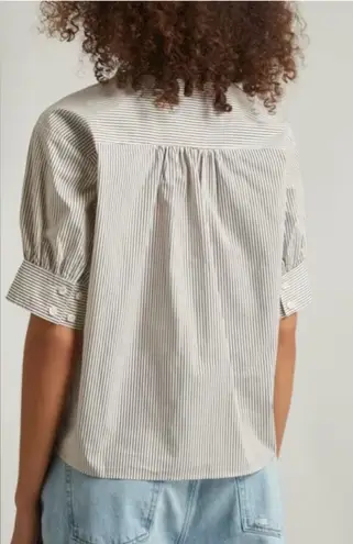 Frame Stripe Split Neck Organic Cotton Popover Top White & Mocha Stripe Large