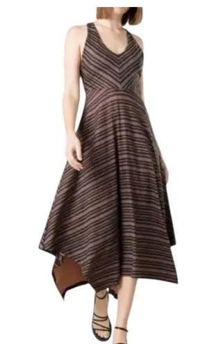 prAna Women's Saxon Dress Midi Red Clay Black Stripe V-Neck Handkerchief Hem M