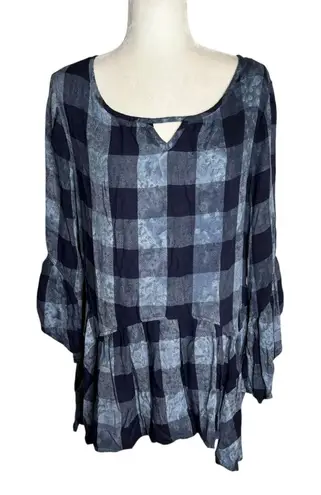 One World Plaid Tunic Top Ruffle Hem Medium Blue Bell Sleeves Keyhole Back