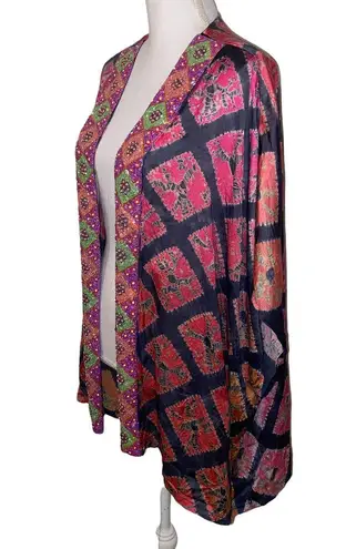 Beaded Printed Tie Dye Ikat Kimono Open Front Wrap Layer Shawl, One Size Blue Size undefined