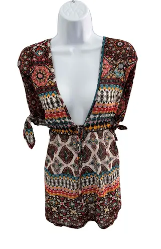 EMBER Coffee Brown Deep Vneck Tie Cuffs Festival Boho Blouse Top Large vacation