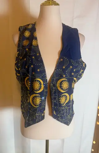 Vintage Celestial Sun Moon Vest Unisex Boho Astrology Print Button Velcro Front Blue