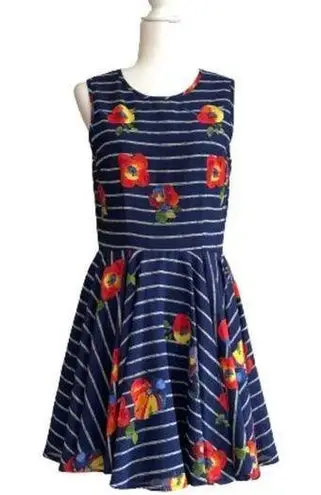 Maison Jules Dress Blue Red Floral Striped Sleeveless Skater Fit & Flare Medium