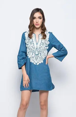 Endless Rose Revolve Blue Lace Embroidered Long Sleeve Kimono Denim Shift Dress