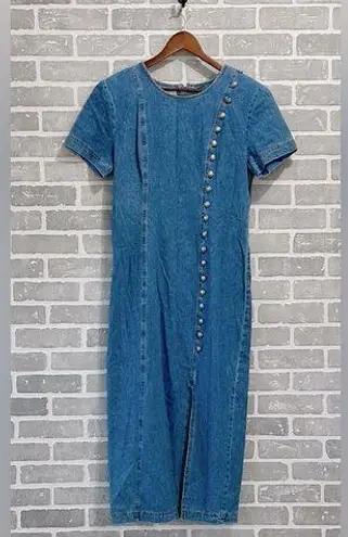 Nina Piccalino Vintage 90’s Denim Boho Short Sleeve Tie Back Midi Slit Dress 8 Blue
