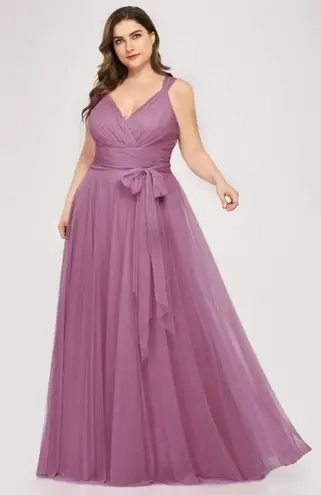 Ever Pretty BURGUNDY Plus Size Double V Neck Maxi Tulle Dress