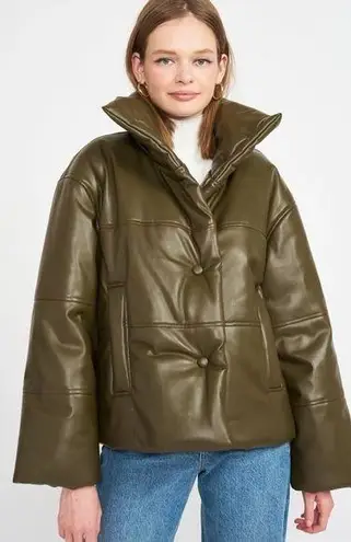 En Saison Lana Vegan Leather Puffer Jacket Olive