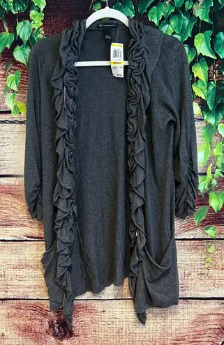 INC Moa Moa Ruffle Front Cardigan Sweater Medium Gray Pockets Workwear Stretchy thumbnail 1