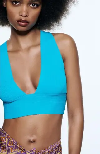 ZARA  RIBBED BRA CROP TOP V-NECK CRISS CROSS BACK BLUE SIZE M NEW