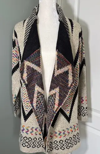 Adora Open Front Cardigan Sweater Jacket Black Beige Aztec Boho Tribal Size M Size M