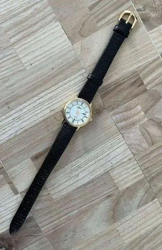 Belair Ladies Watch New in Original Box Black Leather Strap White Dial Gold Case