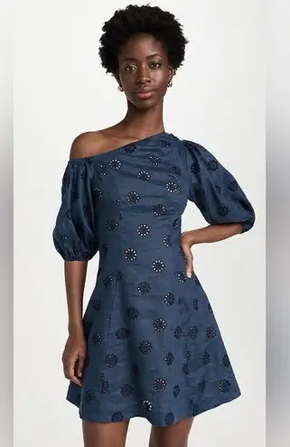 NWT Figue Darcy Dress Navy Eyelet Off Shoulder Mini Blue Size 2