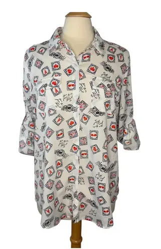 Karl Lagerfeld Paris Print Postage Stamp Roll Tab Sleeve Top Women Size Large - Image 1