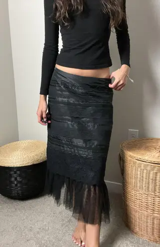 vintage 90s y2k black silk tiered lace fairy goth tulle low rise midi maxi skirt Size XS