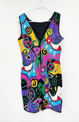 Laurence Kazar Sequined Pop Art Multicolor Sleeveless 80s Vintage Sheath Dress