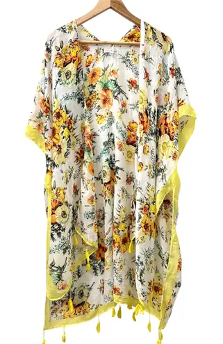 Woven Heart OS Floral Open Robe Fringe Boho Yellow Coverup Beach Summer Resort