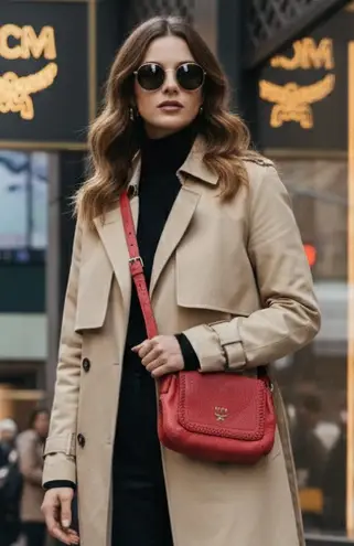 MCM Red Leather Whipstitch Trim Crossbody Bag