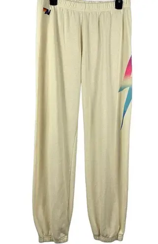 Aviator Nation Rainbow Lightning Bolt Sweatpants Joggers Cream Vintage White XL