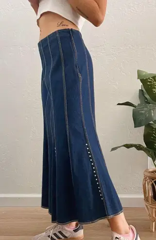 Vintage Y2K Studded Denim Pleated Long Midi Skirt Size 4