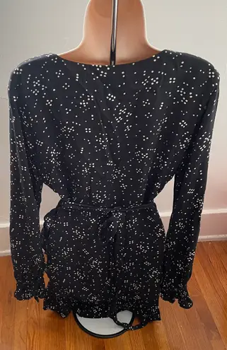 Privacy Please Revolve Wrap Black Polka Dot Ruffle Long Sleeve Mini Dress, size S