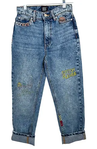 BDG Urban Outfitters High Rise Slim Straight Jeans Embroidered Stitch Please Blue Size 24