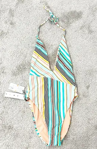 The Bikini Lab New Small Blue, Orange Asymmetrical Plunge Halter One Piece Swim Suit