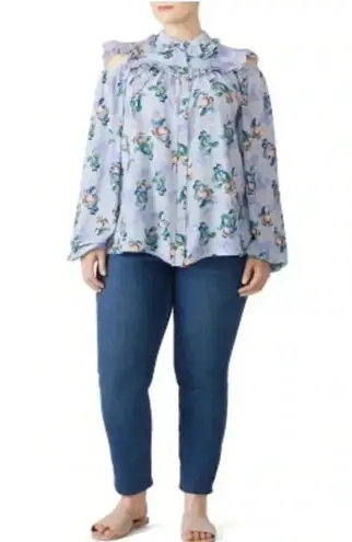 Lost Ink | Women’s Plus Size 4X Ruffled Floral Fruit Button Down Blouse Blue