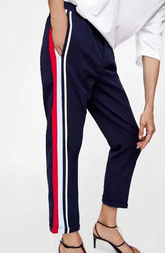 ZARA  High Waist Skinny Pants w/ Packet & Side Stripe Blue/Red Size S NEW