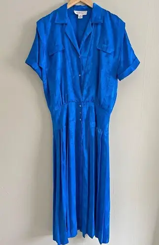 Vintage Blue  embossed satin feel pleated retro 80s maxi dress