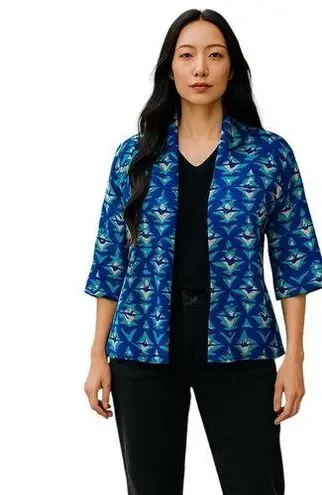 Fantastic Fawn Vintage Blue Geometric Open Front Cardigan USA Long Sleeve Size L