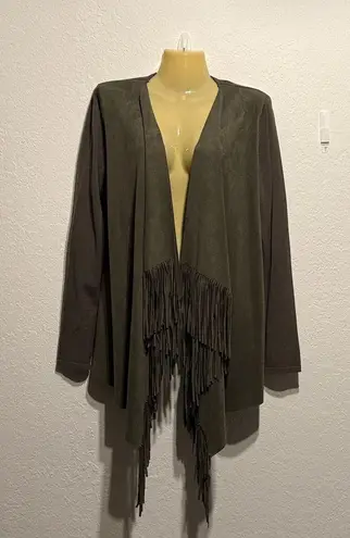 INC International Concepts Olive Fringe Cardigan Faux Suede Boho Size L Earthy Green Size L