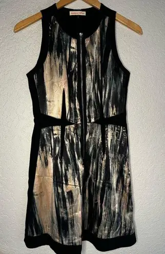 Rebecca Taylor Silk Artsy Front Zip Dress Black Watercolor Camo Cocktail Party
