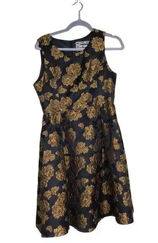 Pink Martini Collection Women Embroidered Midi Cocktail Dress Sz. Med Black/Gold