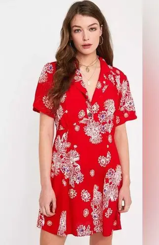 FREE PEOPLE Blue Hawaii Red Floral Print Short Sleeve Mini Dress Sz M Size M