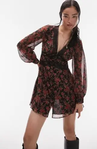 Topshop  Floral Long Sleeve Chiffon Minidress RED BLACK Size 4